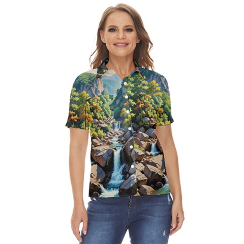 Serene Mountain Waterfall Landscape Women s Short Sleeve Double Pocket Shirt by ExtraAwesomeSauce