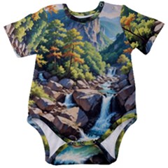 Serene Mountain Waterfall Landscape Baby Short Sleeve Bodysuit by ExtraAwesomeSauce