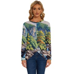 Serene Mountain Waterfall Landscape Long Sleeve Crew Neck Pullover Top by ExtraAwesomeSauce