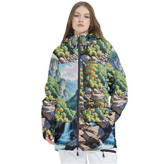 Serene Mountain Waterfall Landscape Women s Multi Pockets Zip Ski And Snowboard Waterproof Breathable Jacket by ExtraAwesomeSauce