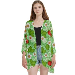 Strawberries Pattern Seamless Open Front 3/4 Sleeve Batwing Chiffon Cardigan Kimono by Posterlux