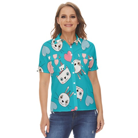 Birtay Cats Bunnies, Koteto Women s Short Sleeve Double Pocket Shirt by kyorashop23