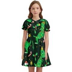 Christmas Funny Pattern Dinosaurs Kids  Bow Tie Puff Sleeve Dress by Ket1n9