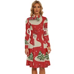 Christmas New Year Seamless Pattern Long Sleeve Shirt Collar A-line Dress by Ket1n9