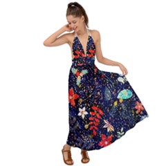 Festive Floral Pattern Christmas Blue Floral Flower Foliage Leaves Pattern Red Snow Winter Backless Maxi Beach Dress by Maspions