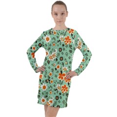 Retro 1960s Flowers Pattern 3 Long Sleeve Hoodie Dress by violetheavensky