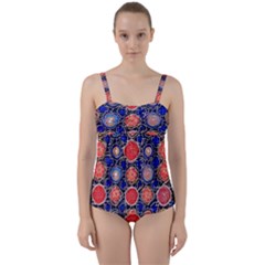 Retro Geometric Shapes And Flowers 3 Twist Front Tankini Set by violetheavensky