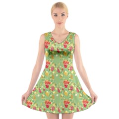 Retro 1880s Flowers Pattern 17 V-neck Sleeveless Dress by violetheavensky