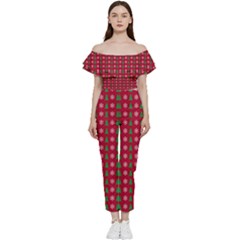 Snowflake Christmas Tree Pattern Bardot Ruffle Jumpsuit by Paksenen