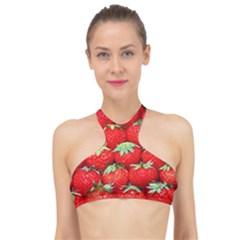 Strawberry Texture, Macro, Ripe Strawberry High Neck Bikini Top by kyorashop23