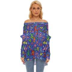 Grateful Dead Dancing Bears Pattern Off Shoulder Chiffon Pocket Shirt by Salmanaz77