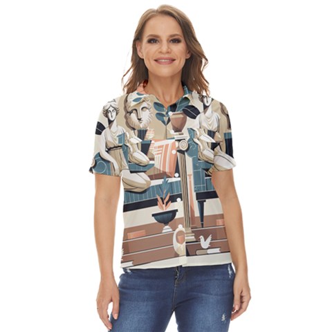 Sculpture Statue Angel Artwork Women s Short Sleeve Double Pocket Shirt by Salmanaz77