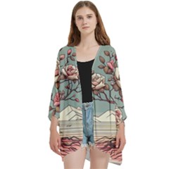 Roses Flowers Bloom Nature Blossom Open Front 3/4 Sleeve Batwing Chiffon Cardigan Kimono by Salmanaz77