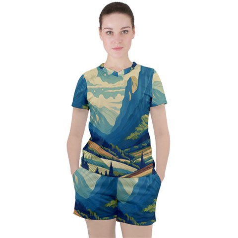 Mountains Nature Forest Landscape Women s T-shirt And Shorts Set by Salmanaz77