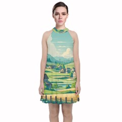 Countryside Meadow Rural Bloom Velvet Halter Neckline Dress  by Salmanaz77