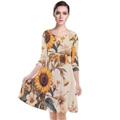 Sunflower Flowers Nature Trees Quarter Sleeve Waist Band Dress by Salmanaz77