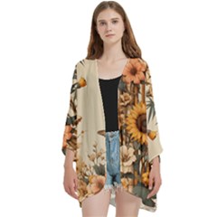 Sunflower Flowers Nature Trees Open Front 3/4 Sleeve Batwing Chiffon Cardigan Kimono by Salmanaz77