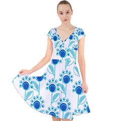 Blue Daisy Minimalist Leaves   Cap Sleeve Front Wrap Midi Dress by ConteMonfrey