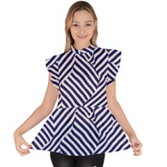 Blue And White Abstract Stripes Ruffle Collar Short Sleeve Chiffon Top by SpinnyChairDesigns