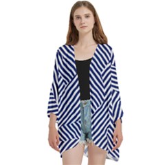 Blue And White Abstract Stripes Open Front 3/4 Sleeve Batwing Chiffon Cardigan Kimono by SpinnyChairDesigns