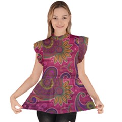 Abstract Purple Pattern Ruffle Collar Short Sleeve Chiffon Top by Bedest