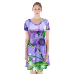 Purple Flower Nature Short Sleeve V-neck Flare Dress by Posterlux