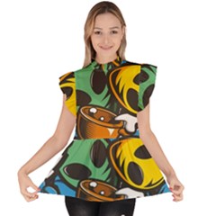 Funky Alien Pattern Abstract Colourful Drawing Ruffle Collar Short Sleeve Chiffon Top by Posterlux