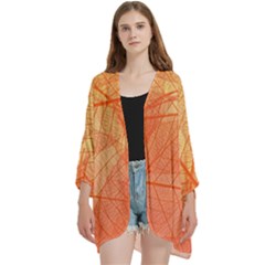 Abstract Texture Of Colorful Bright Pattern Of Transparent Leaves Of Orange And Yellow Color Open Front 3/4 Sleeve Batwing Chiffon Cardigan Kimono by Posterlux