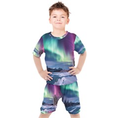 Northern Lights Aurora Night Nature Kids  T-shirt And Shorts Set by Posterlux