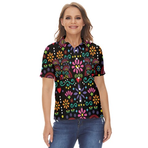 Mexican Folk Art Seamless Pattern Colorful Women s Short Sleeve Double Pocket Shirt by Paksenen