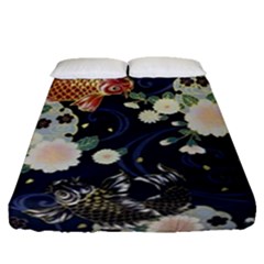 Japanese Wave Koi Illustration Pattern Fitted Sheet (queen Size) by Ndabl3x