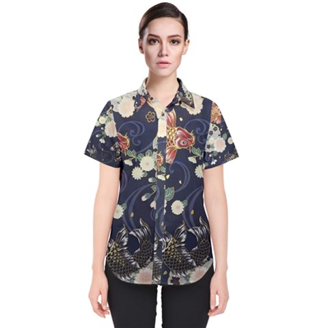 Japanese Wave Koi Illustration Pattern Women s Short Sleeve Shirt by Ndabl3x