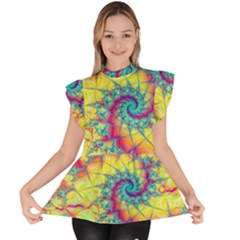 Fractal Spiral Abstract Background Vortex Yellow Ruffle Collar Short Sleeve Chiffon Top by Ket1n9