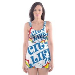 Colorful City Life Horizontal Seamless Pattern Urban City Skater Dress Swimsuit by Bedest