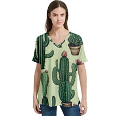 Cactus  V-neck Split Shoulder Casual T-shirt by pollyparadiseartshop