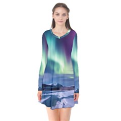 Northern Lights Aurora Night Nature Long Sleeve V-neck Flare Dress by Posterlux
