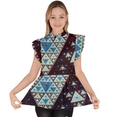 Fractal Triangle Geometric Abstract Pattern Ruffle Collar Short Sleeve Chiffon Top by Cemarart