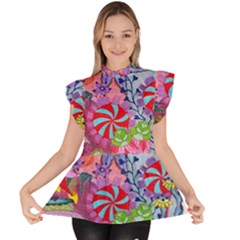 Cabbage Flower Abstract Ruffle Collar Short Sleeve Chiffon Top by okhismakingart