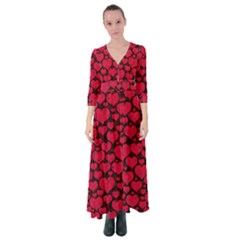 Valentines Day Hearts Pattern Love Red Button Up Maxi Dress by Maspions