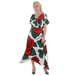 Roses Cross Front Sharkbite Hem Maxi Dress