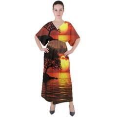 Sunset Nature Sea Dusk Landscape V-neck Boho Style Maxi Dress by Salmanaz77