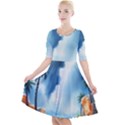 Delicate Watercolor Painting Surreal Oasis Scene With Intense Dramatic Lighting Quarter Sleeve A-Line Dress View1