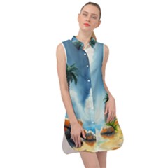 Delicate Watercolor Painting Surreal Oasis Scene With Intense Dramatic Lighting Sleeveless Shirt Dress by pollyparadiseartshop