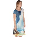 Delicate Watercolor Painting Surreal Oasis Scene With Intense Dramatic Lighting Classic Short Sleeve Dress View3