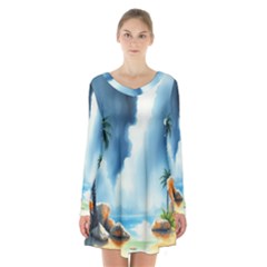 Delicate Watercolor Painting Surreal Oasis Scene With Intense Dramatic Lighting Long Sleeve Velvet V-neck Dress by pollyparadiseartshop