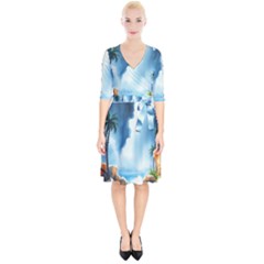 Delicate Watercolor Painting Surreal Oasis Scene With Intense Dramatic Lighting Wrap Up Cocktail Dress by pollyparadiseartshop