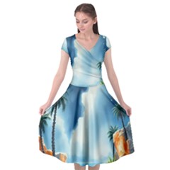 Delicate Watercolor Painting Surreal Oasis Scene With Intense Dramatic Lighting Cap Sleeve Wrap Front Dress by pollyparadiseartshop