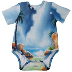 Delicate Watercolor Painting Surreal Oasis Scene With Intense Dramatic Lighting Baby Short Sleeve Bodysuit by pollyparadiseartshop