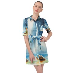 Delicate Watercolor Painting Surreal Oasis Scene With Intense Dramatic Lighting Belted Shirt Dress by pollyparadiseartshop