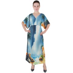 Delicate Watercolor Painting Surreal Oasis Scene With Intense Dramatic Lighting V-neck Boho Style Maxi Dress by pollyparadiseartshop